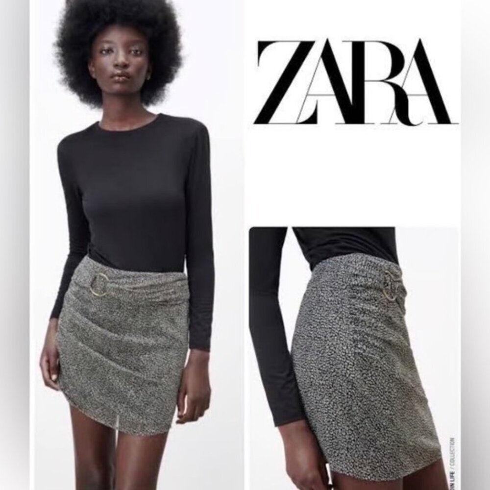 NWT ZARA Animal Print Mini Skirt Front Belt wGold Buckle Side Ruching 2297/741 S